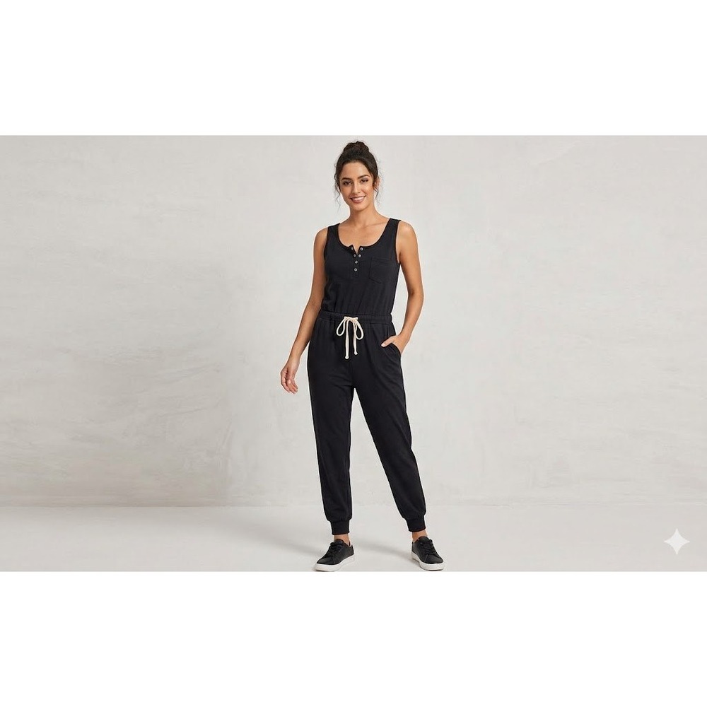 PrettyGarden Womens Black Sleeveless Henley Jogger Jumpsuit NWT Size M
